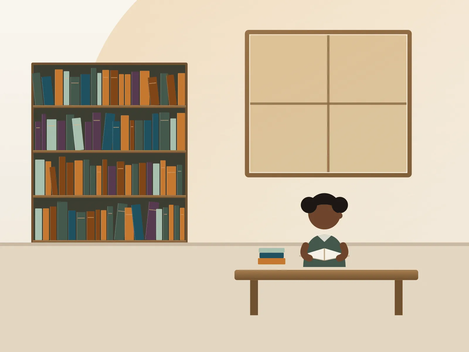 A girl sits on a bench reading, with a stack of books beside her and a bookcase behind