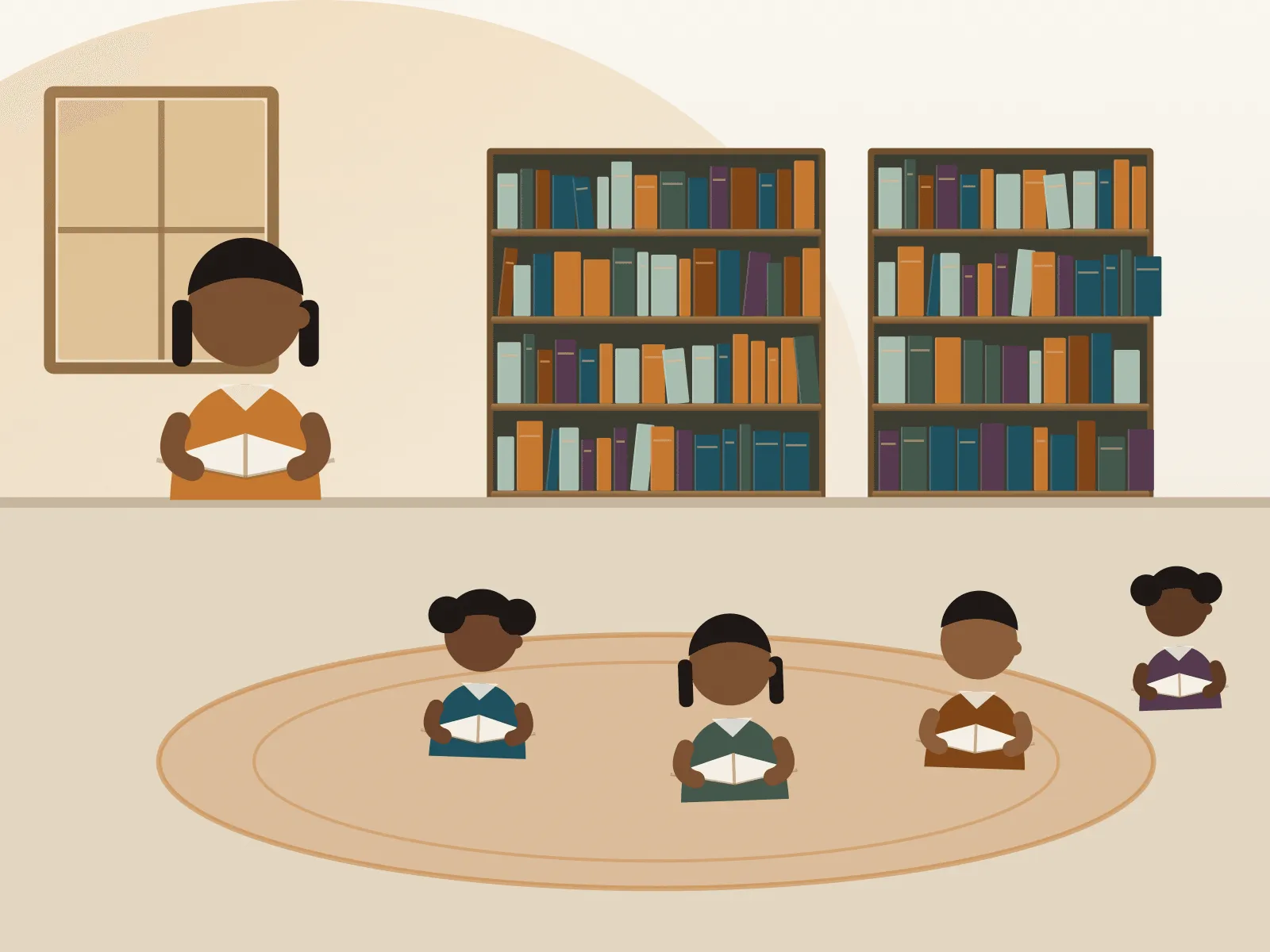 A teacher reads aloud to children seated on a mat in a school library, with filled bookcases behind them