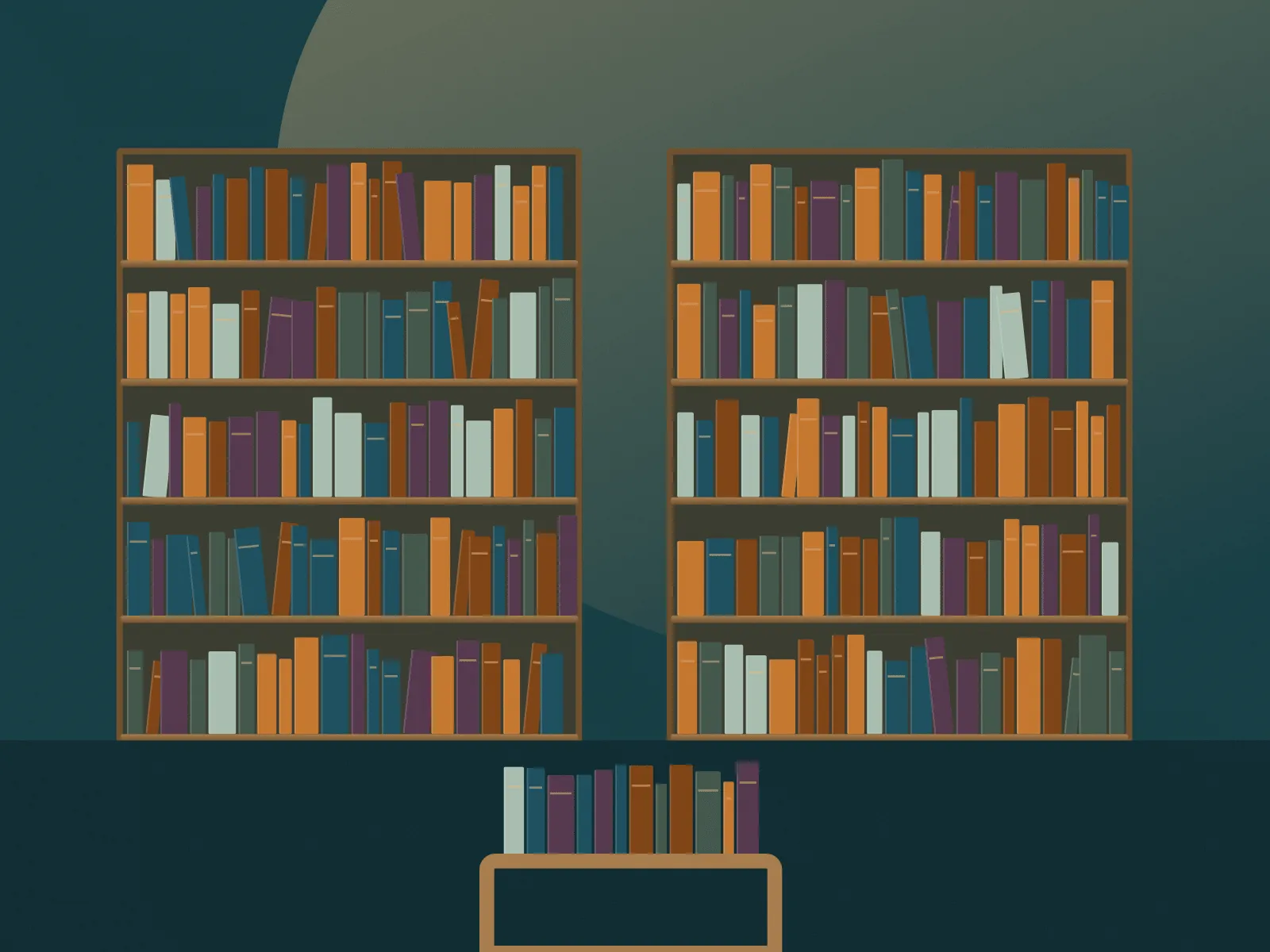 Two tall bookcases filled with books, with a crate of new stock in front of them