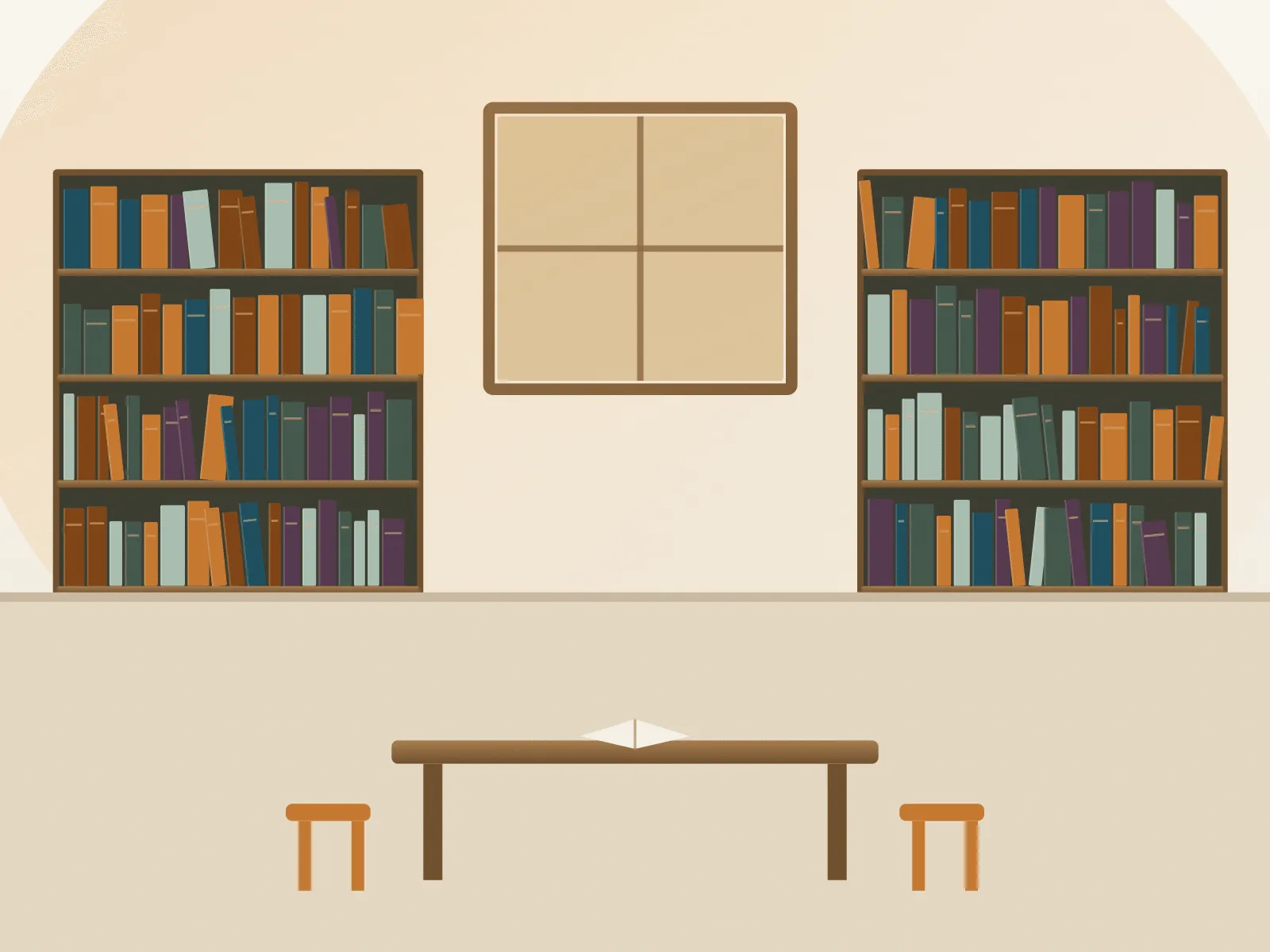 A school library with filled bookcases, a reading table and stools, lit by a window